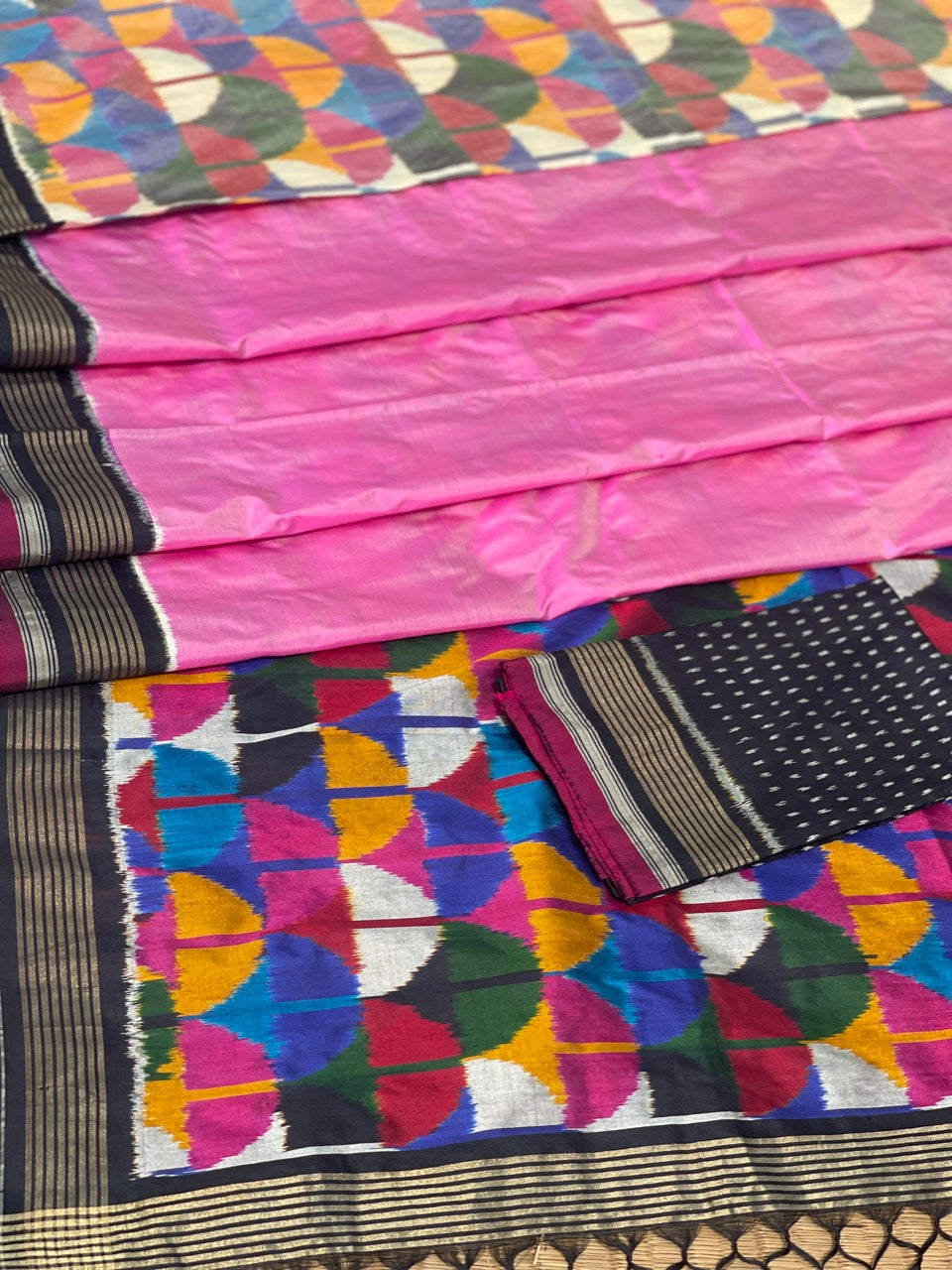 A Designer Exclusive Multicolour blocks Silk Ikkat Saree