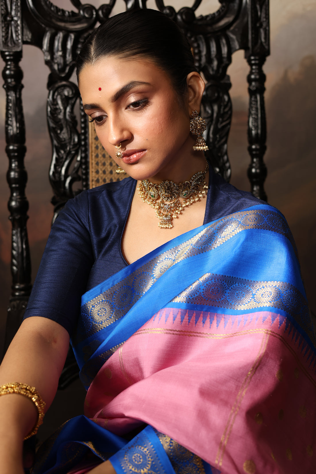 A unique vintage recreated and beautiful combo of onion pink with cobalt blue korvai kanchivaram silk saree