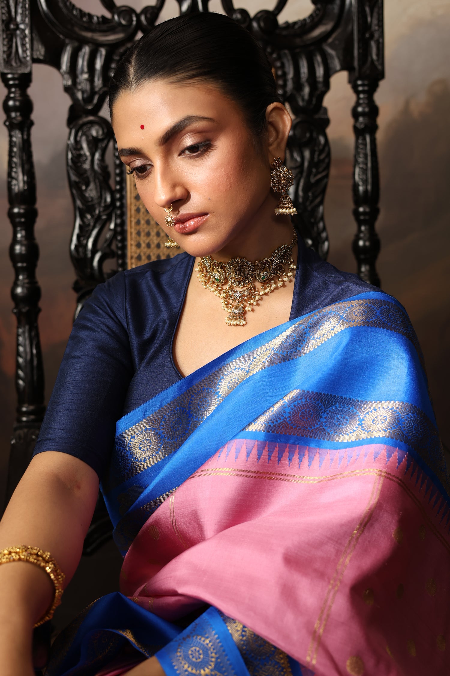 A unique vintage recreated and  beautiful combo of onion pink with cobalt blue korvai kanchivaram silk saree