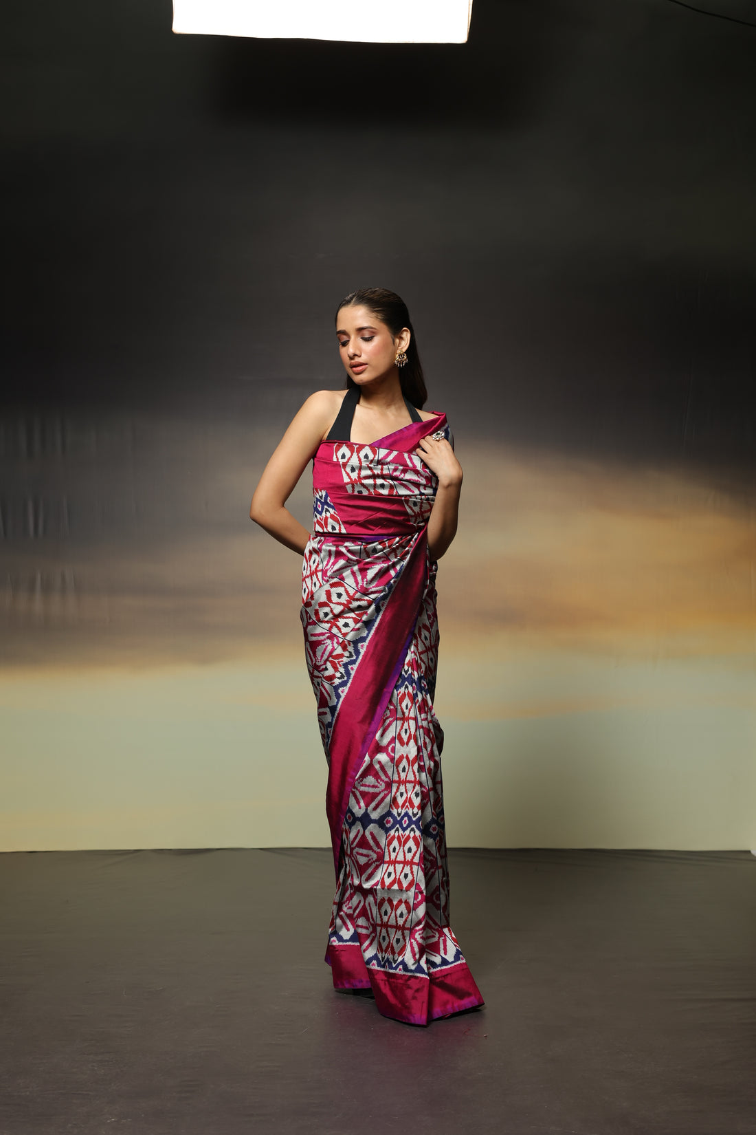 A stunning metallic colour with shot pink purple Uzbek silk ikkat saree inspired by the treasured archive pieces of the Victoria and Albert museum