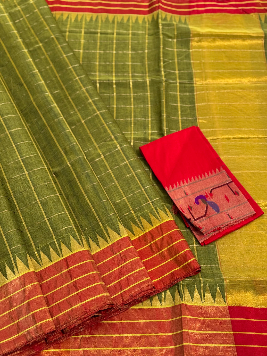 Handspun Ponduru Khadhi cotton saree with zari checks on body with tissue Zari temple border