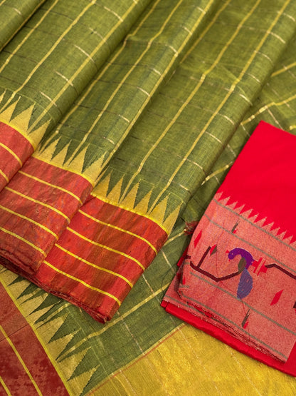 Handspun Ponduru Khadhi cotton saree with zari checks on body with tissue Zari temple border