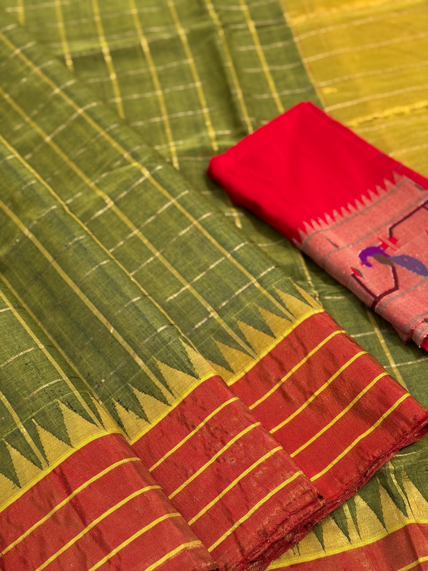 Handspun Ponduru Khadhi cotton saree with zari checks on body with tissue Zari temple border