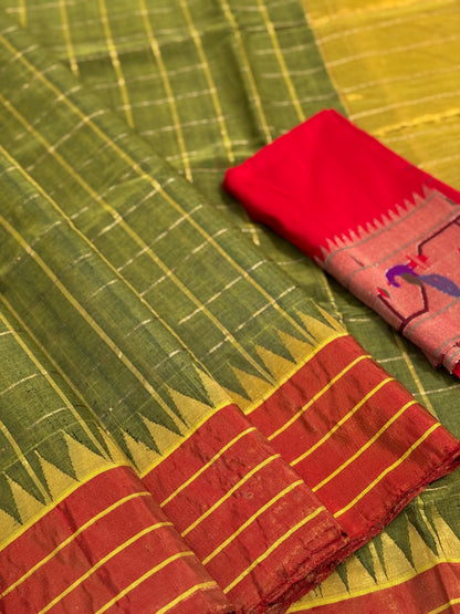 Handspun Ponduru Khadhi cotton saree with zari checks on body with tissue Zari temple border