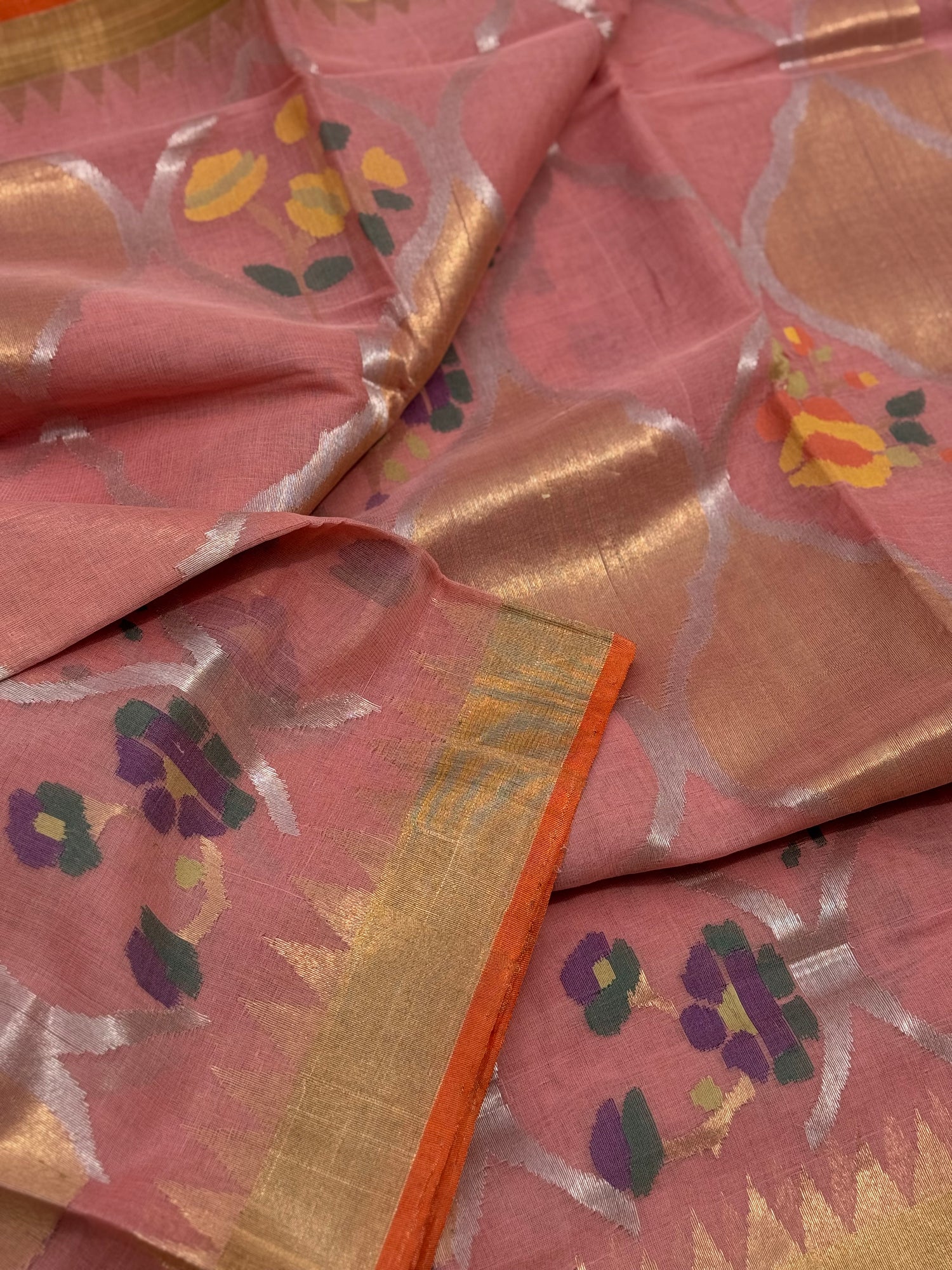 Pastel orange Full jaal weave ponduru Khadhi jamdani saree