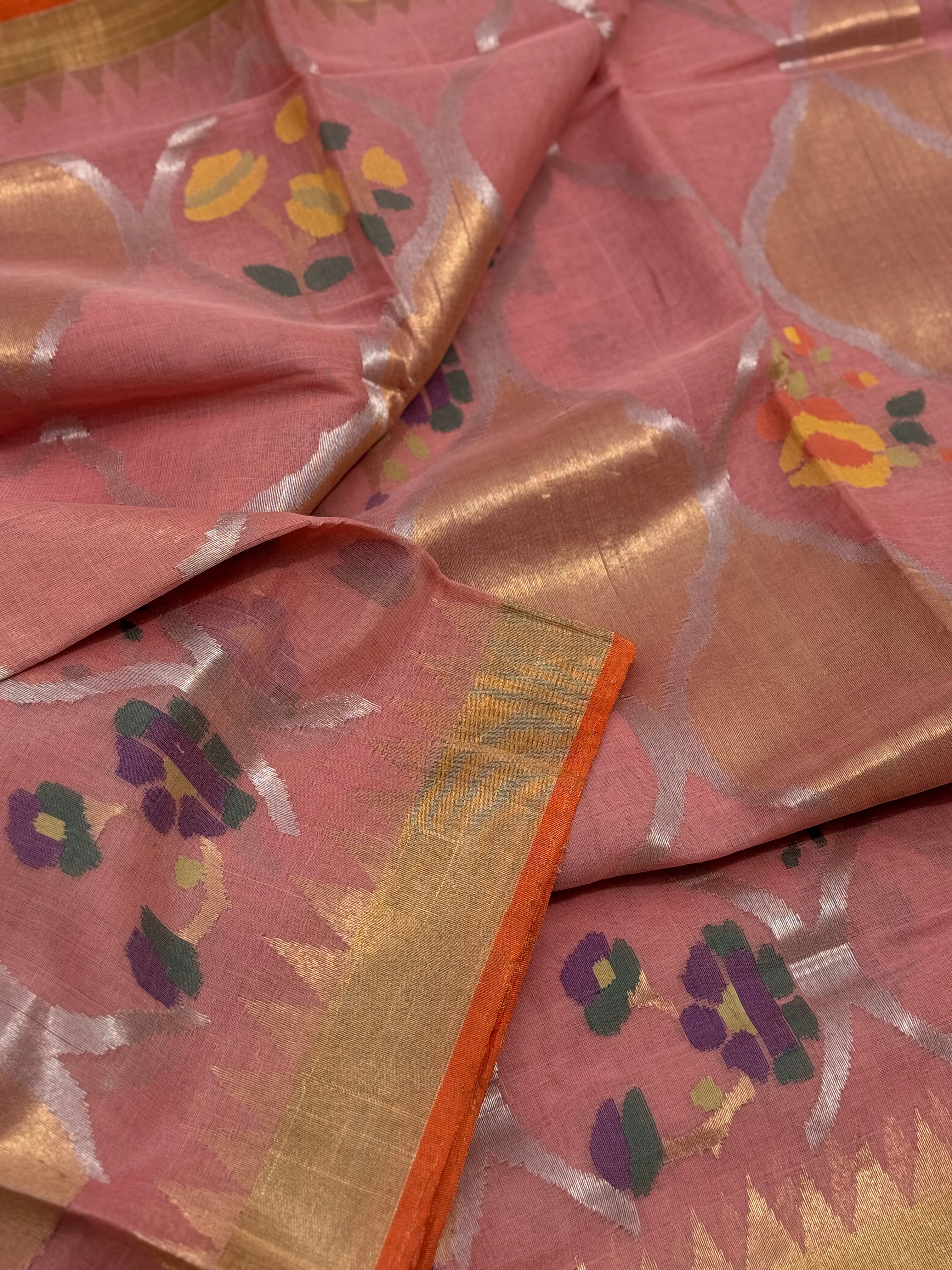 Pastel orange Full jaal weave ponduru Khadhi jamdani saree