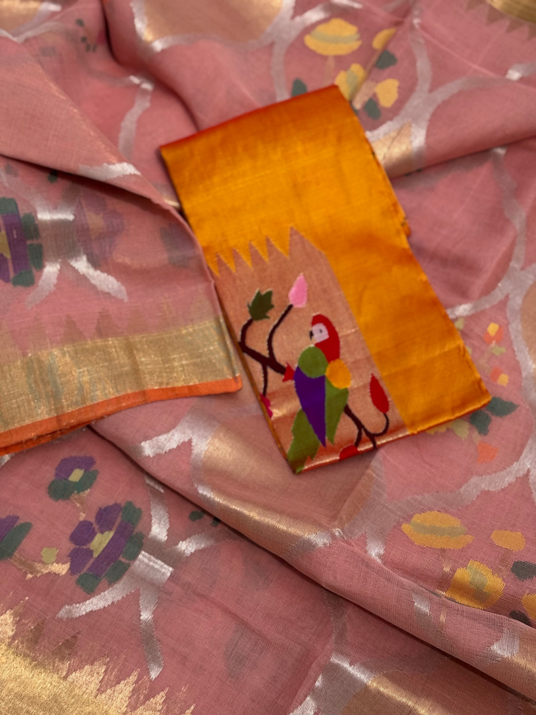 Pastel orange Full jaal weave ponduru Khadhi jamdani saree