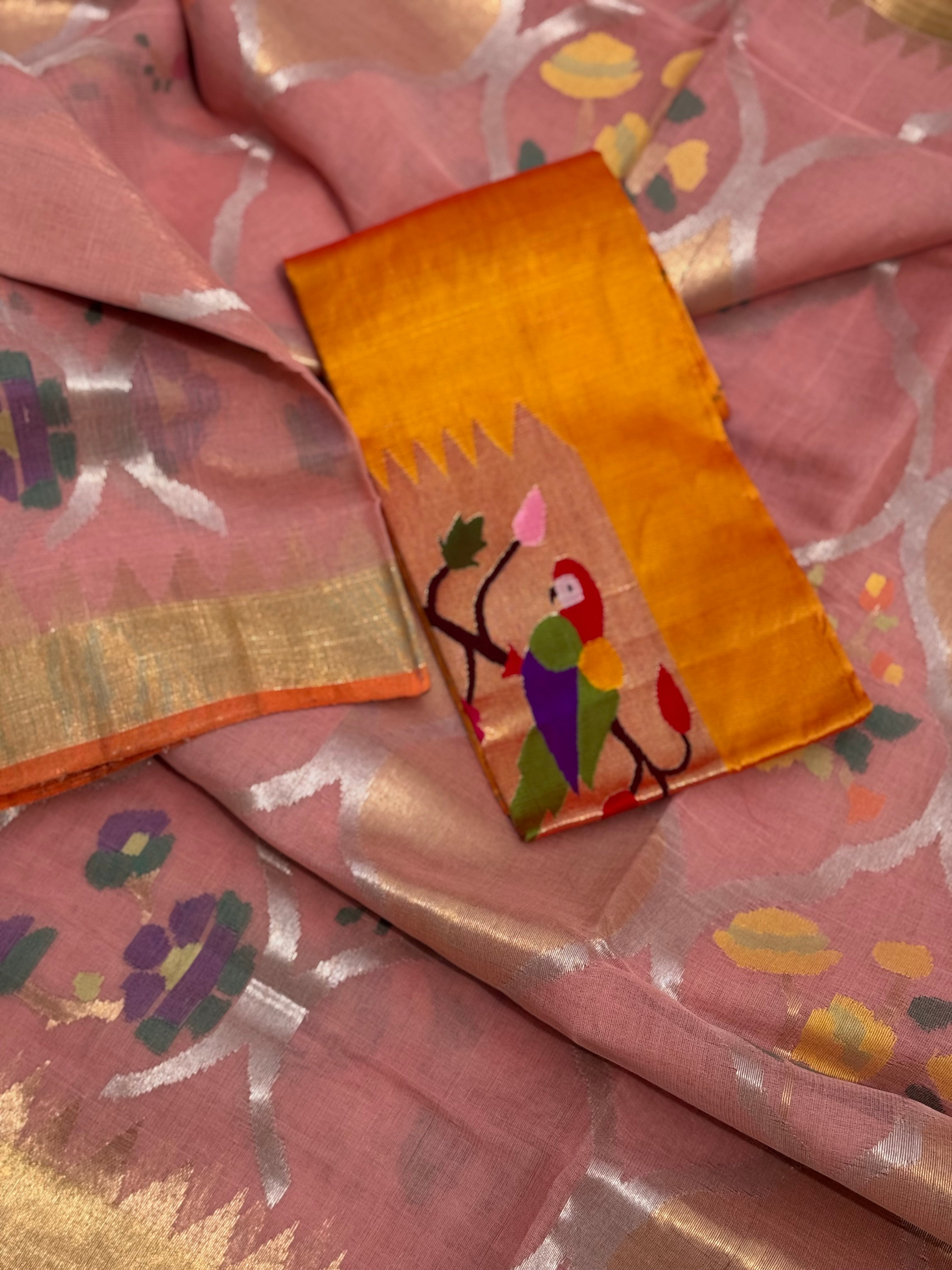 Pastel orange Full jaal weave ponduru Khadhi jamdani saree