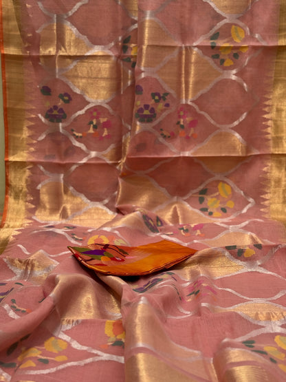 Pastel orange Full jaal weave ponduru Khadhi jamdani saree
