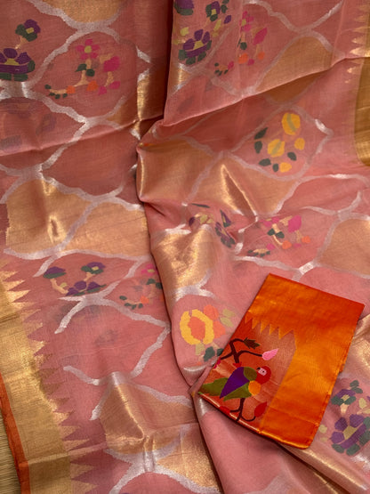 Pastel orange Full jaal weave ponduru Khadhi jamdani saree