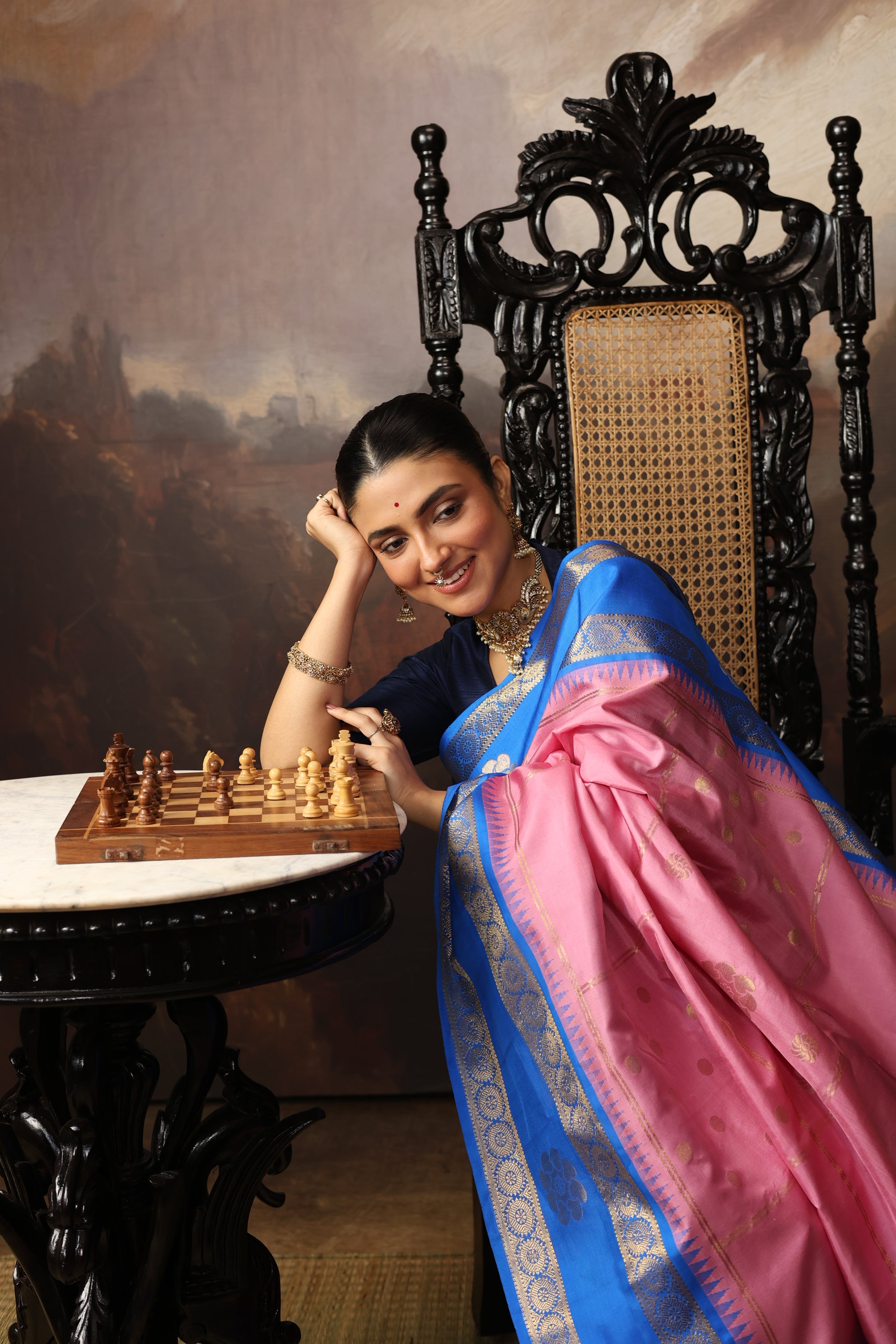 A unique vintage recreated and  beautiful combo of onion pink with cobalt blue korvai kanchivaram silk saree