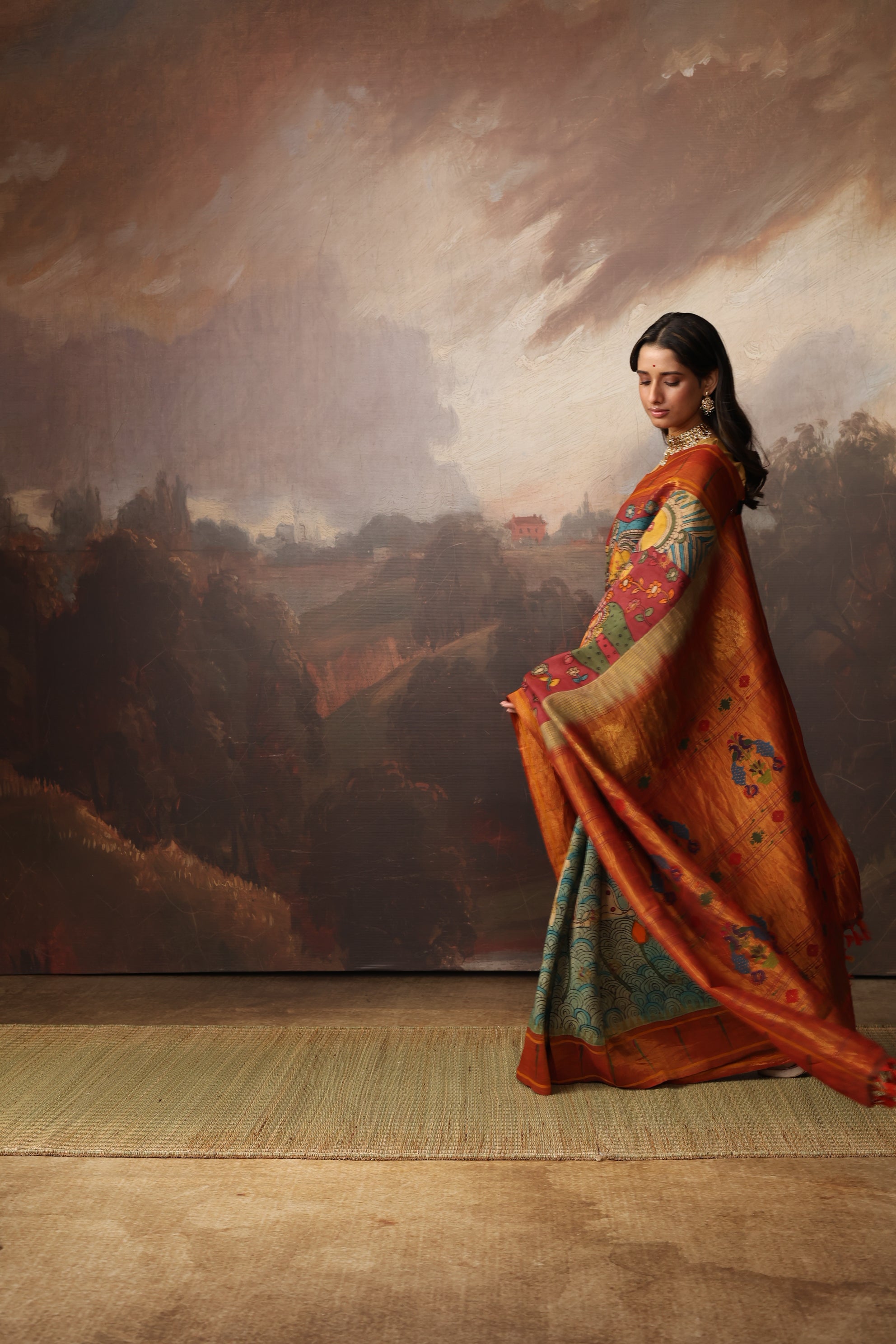 Masterpiece Single muniya paithani silk saree Handdrawn handpainted penkalamkari
