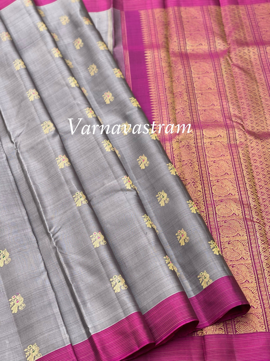 Metallic Grey meenakari Work Kanchivaram silk saree