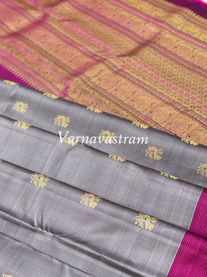 Metallic Grey meenakari Work Kanchivaram silk saree