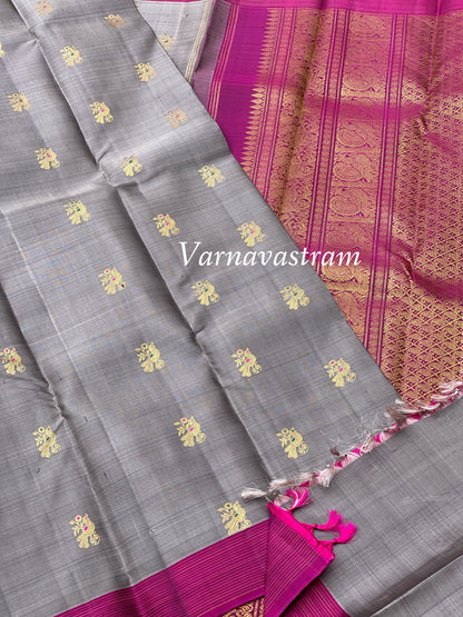 Metallic Grey meenakari Work Kanchivaram silk saree