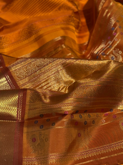 EKANTA - 7 The complete natural dyed Regal vintage kanchivaram redefined in Triple korvai with long double pallu