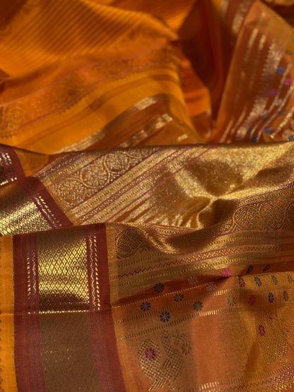 EKANTA - 7 The complete natural dyed Regal vintage kanchivaram redefined in Triple korvai with long double pallu