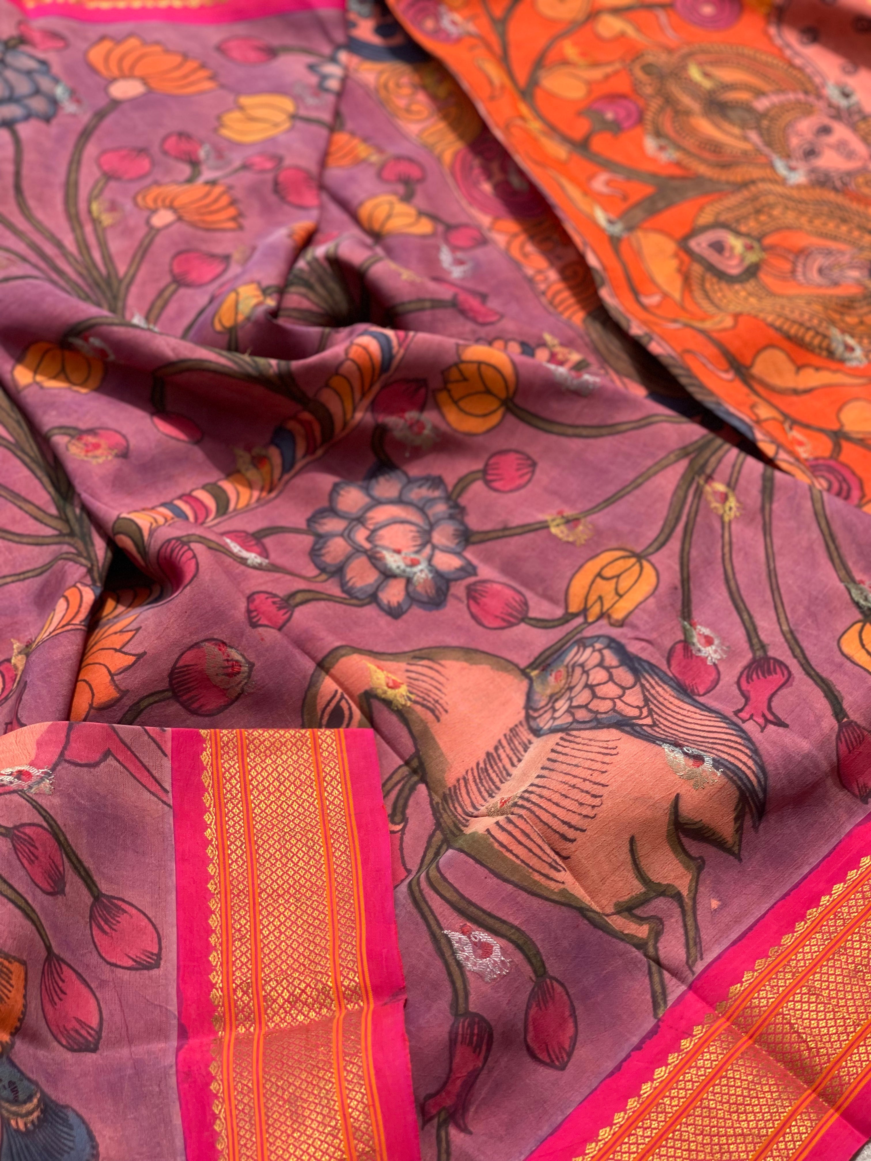 Penkalamkari Floral Handdrawn and handpainted On Paithani Silk Saree