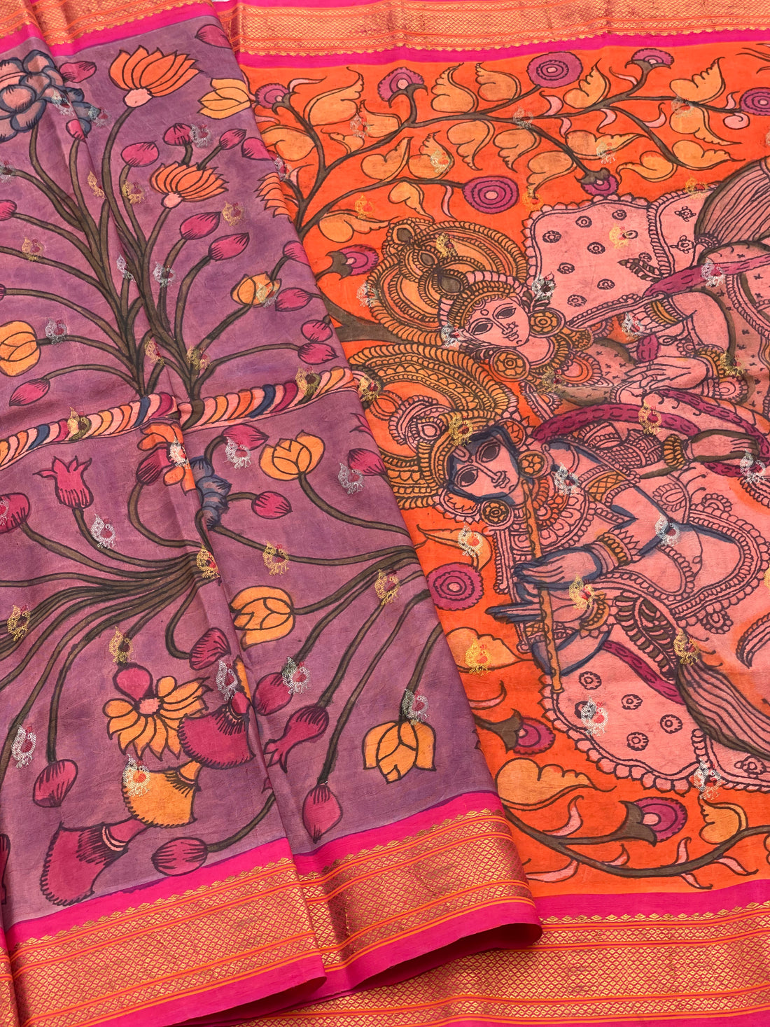 Penkalamkari Floral Handdrawn and handpainted On Paithani Silk Saree