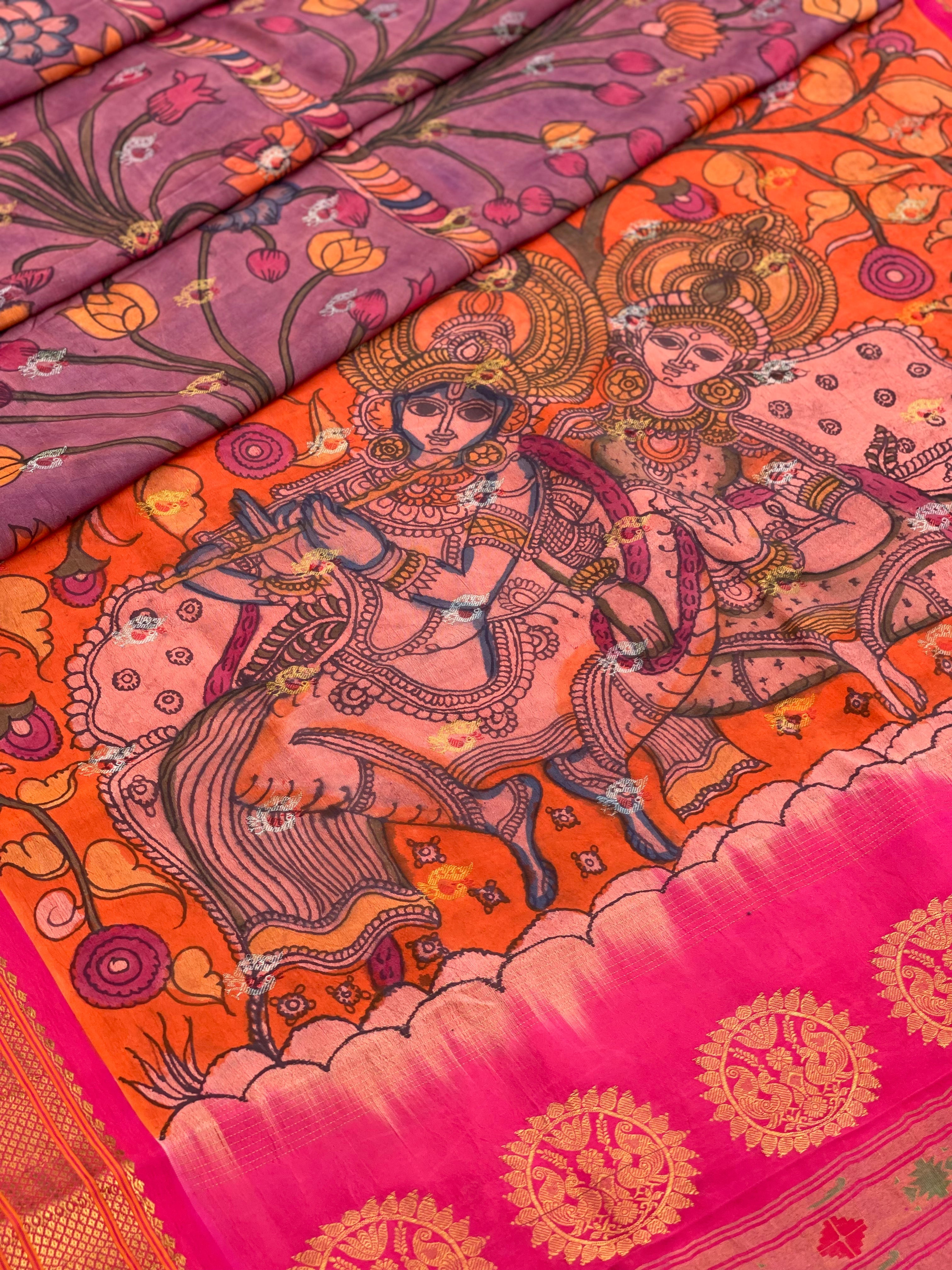 Penkalamkari Floral Handdrawn and handpainted On Paithani Silk Saree