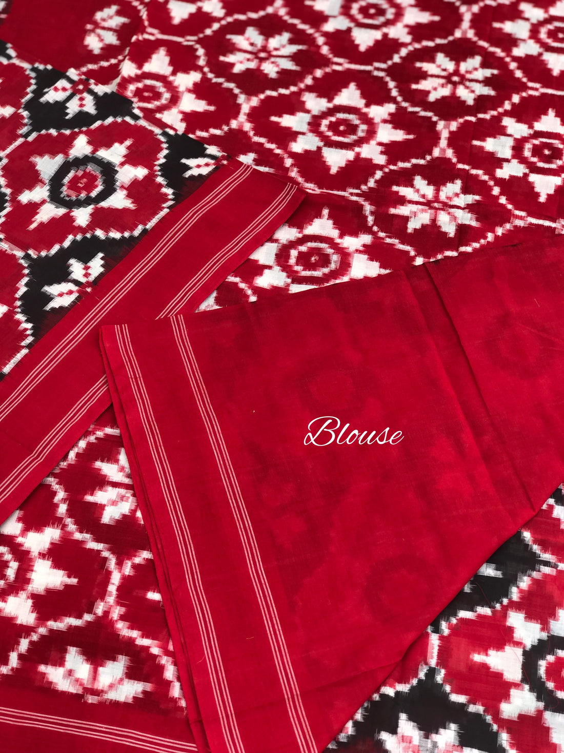 Telia Rumal Double Ikkat Cotton Saree Black Red And White