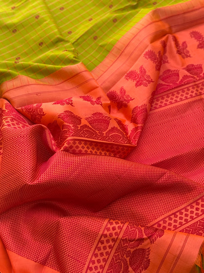 PastelOrange with fern green Gadwal silk saree with complete threadwork