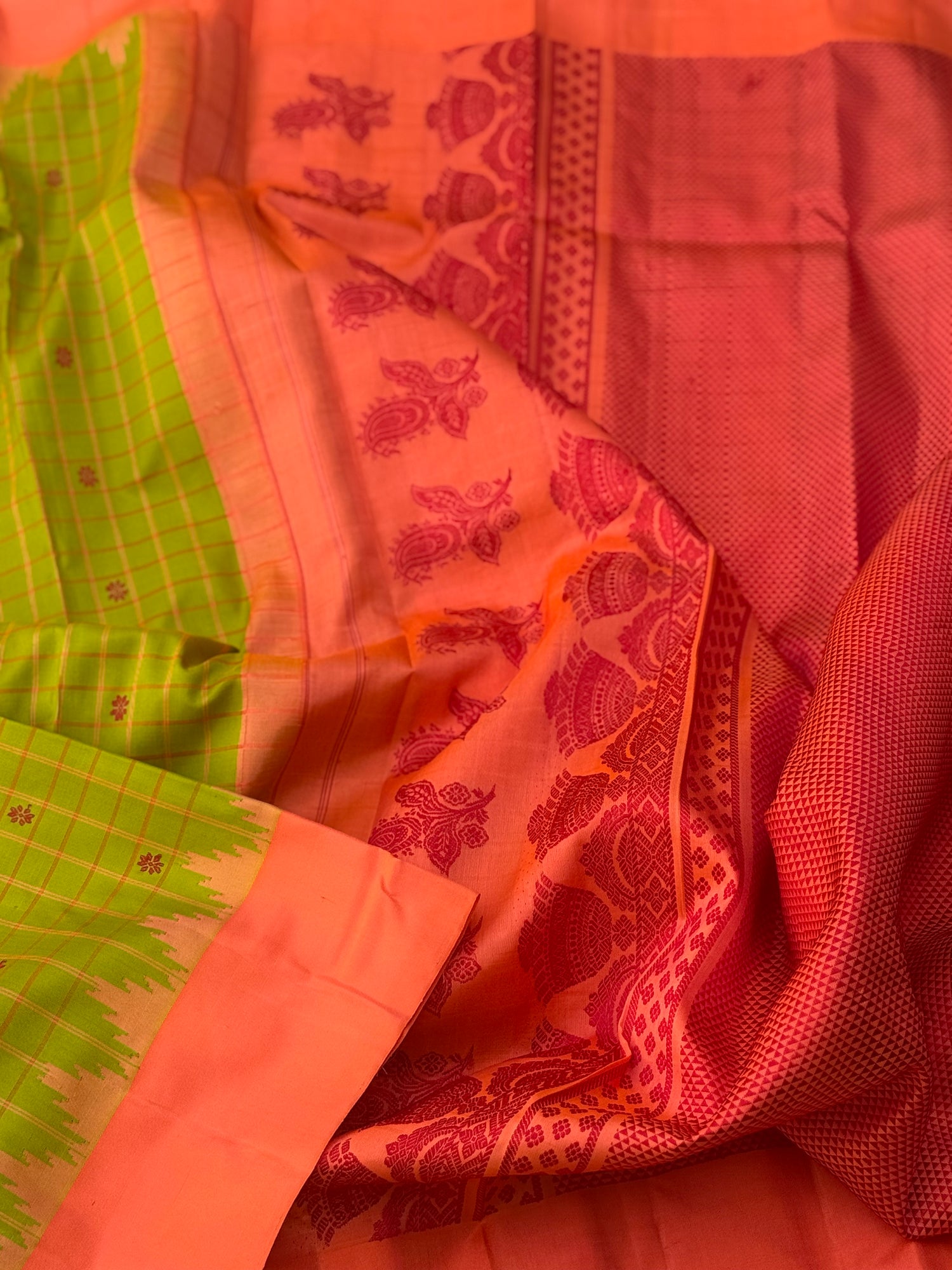 PastelOrange with fern green Gadwal silk saree with complete threadwork