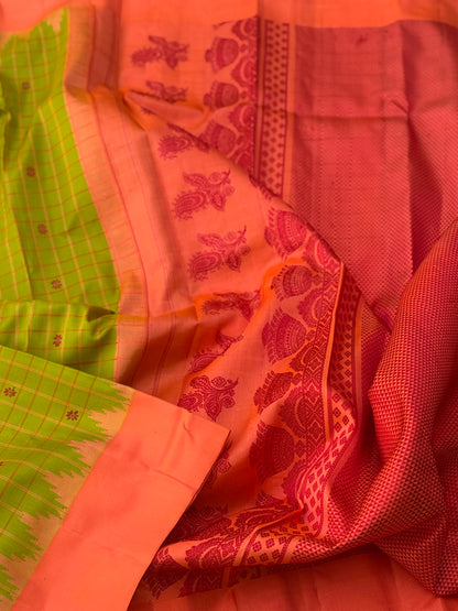 PastelOrange with fern green Gadwal silk saree with complete threadwork