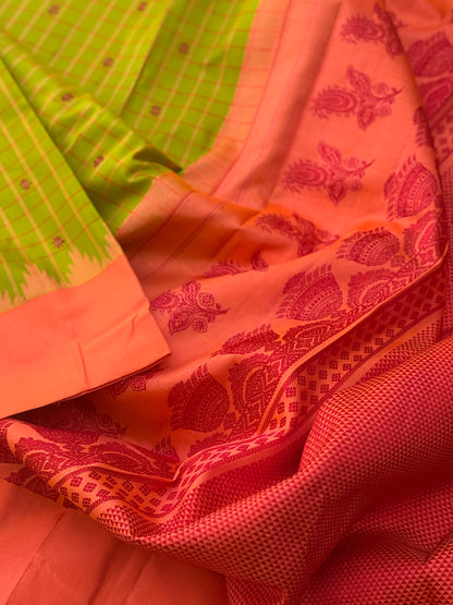 PastelOrange with fern green Gadwal silk saree with complete threadwork