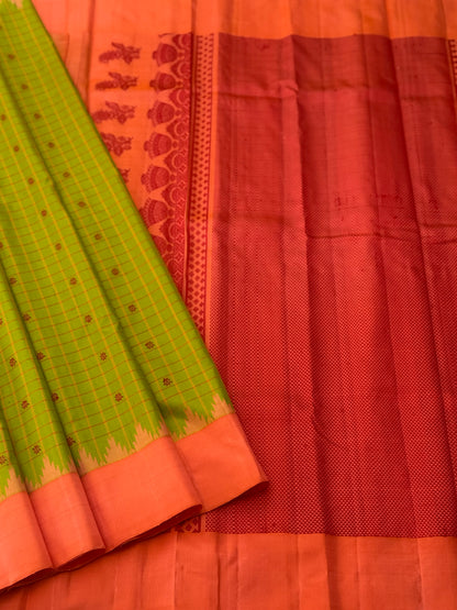 PastelOrange with fern green Gadwal silk saree with complete threadwork