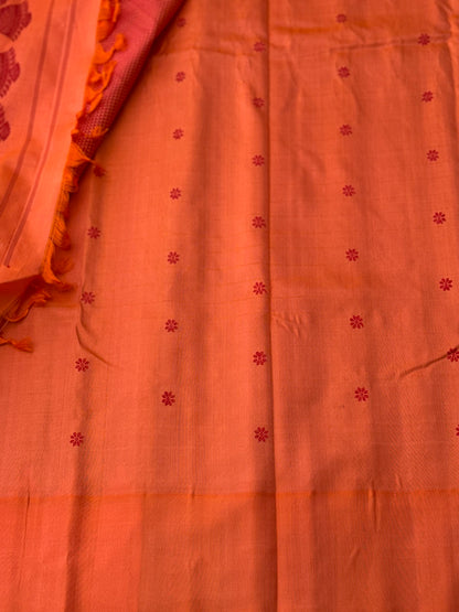 PastelOrange with fern green Gadwal silk saree with complete threadwork