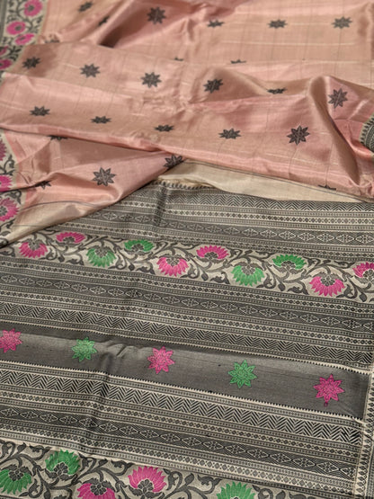 A gorgeous No Zari ivory with peach and pink handwoven soft and lustrous gadwal silk saree