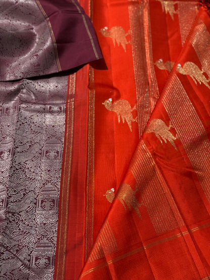 A stunner Masterpiece Garudaseva Adai kanchivaram woven silk saree arakku