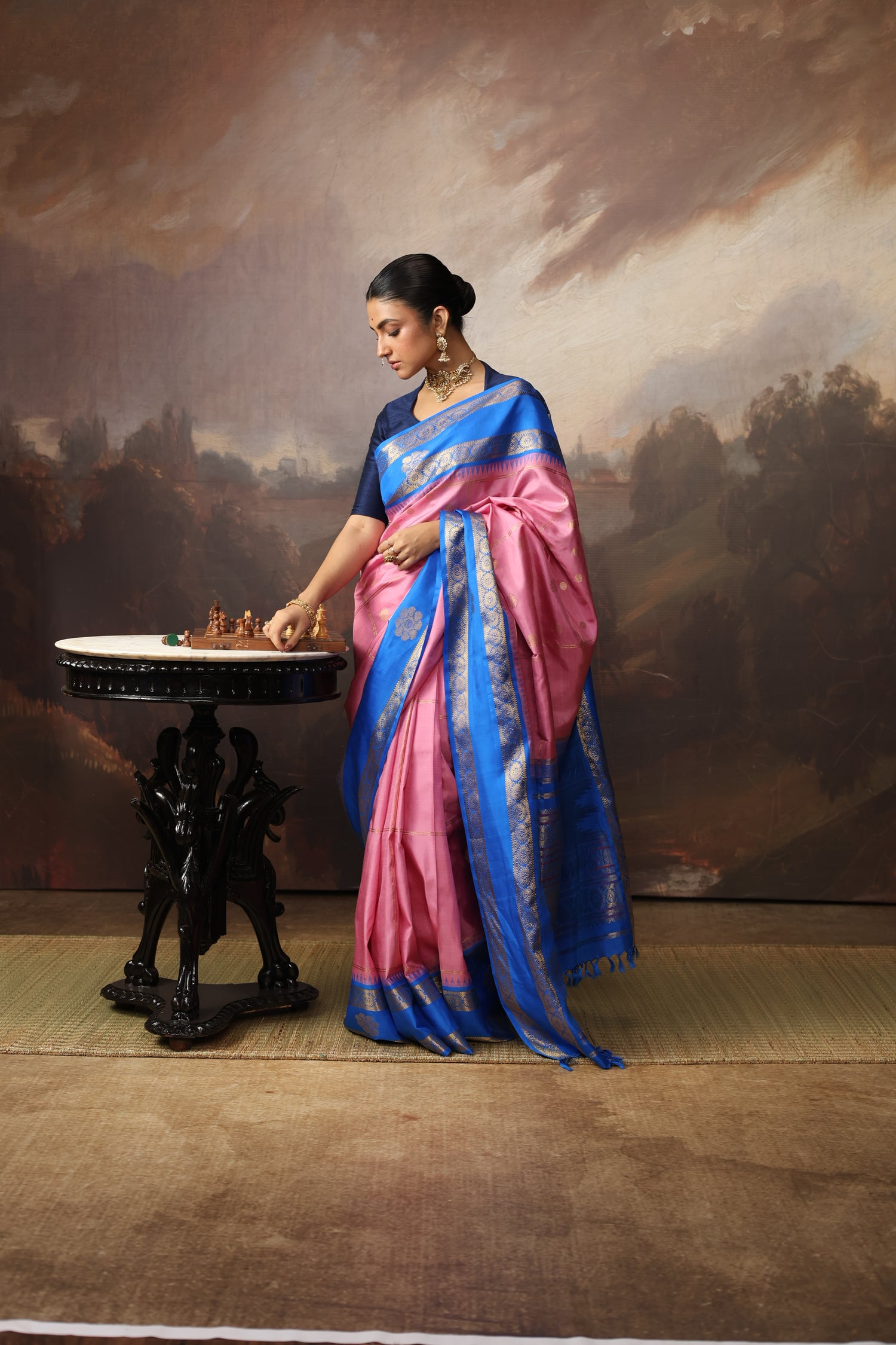 A unique vintage recreated and  beautiful combo of onion pink with cobalt blue korvai kanchivaram silk saree
