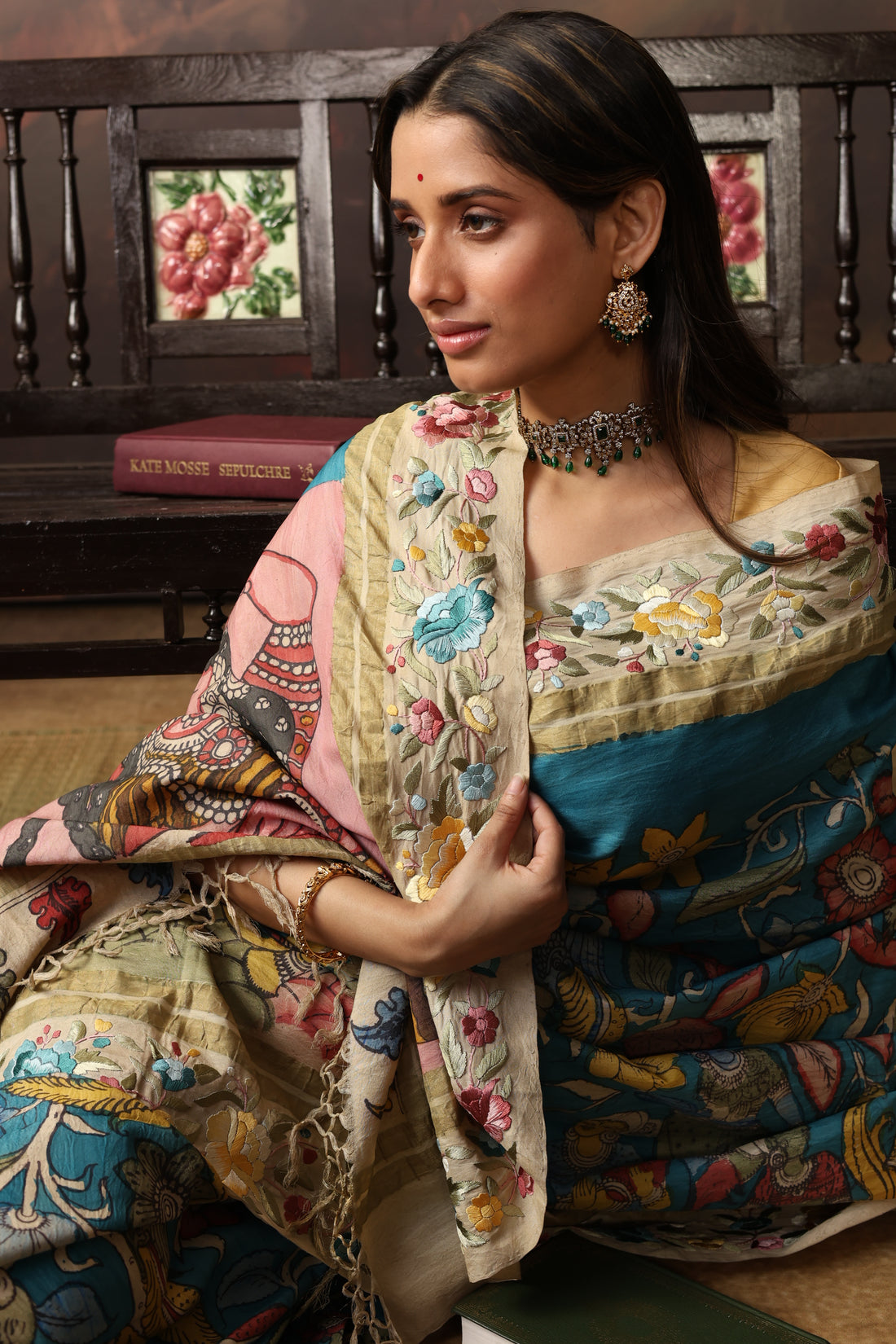 A masterpiece fusion of authentic Parsigara Handdrawn handpainted nayaka inspired penkalamkari on mulberry silk