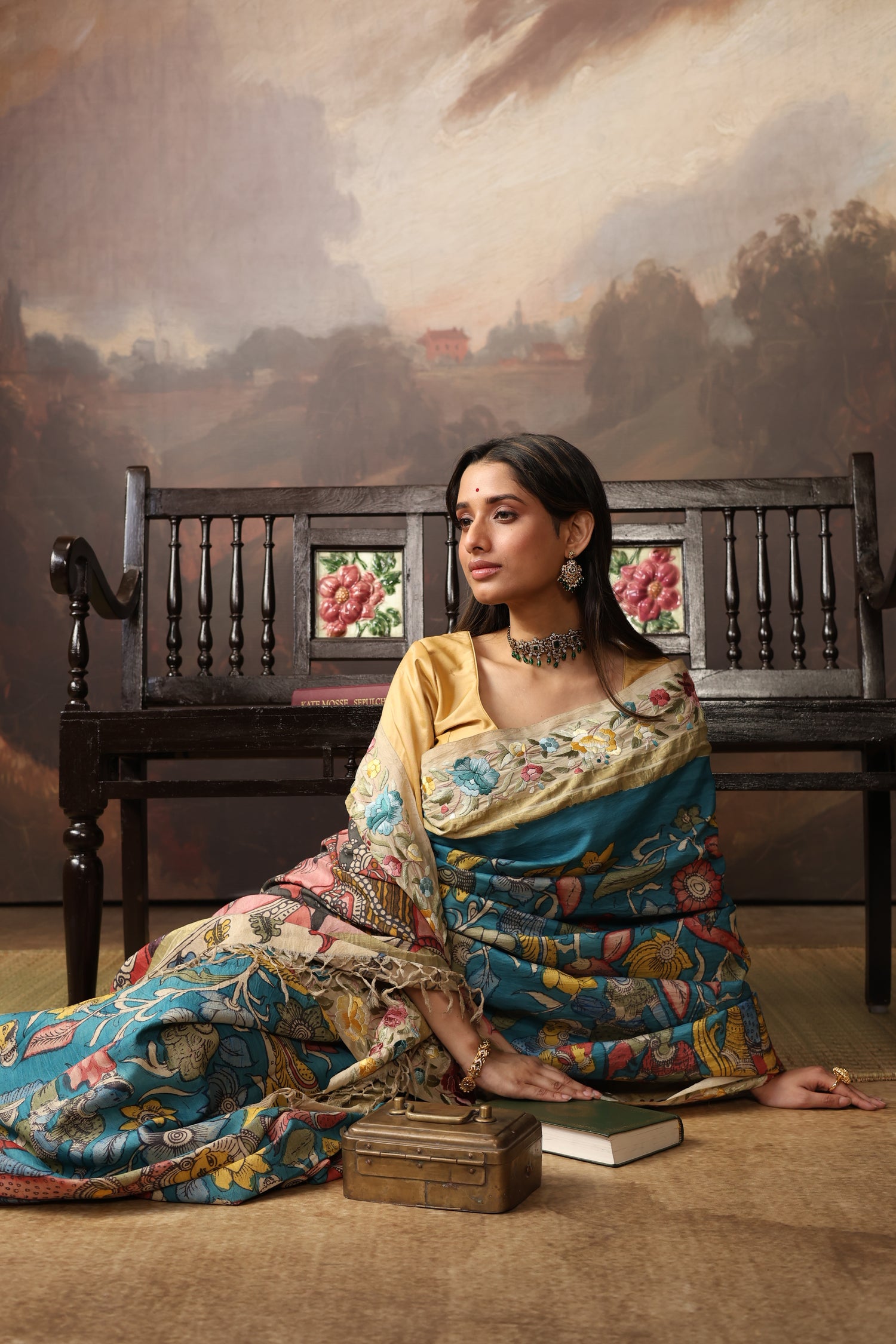 A masterpiece fusion of authentic Parsigara Handdrawn handpainted nayaka inspired penkalamkari on mulberry silk