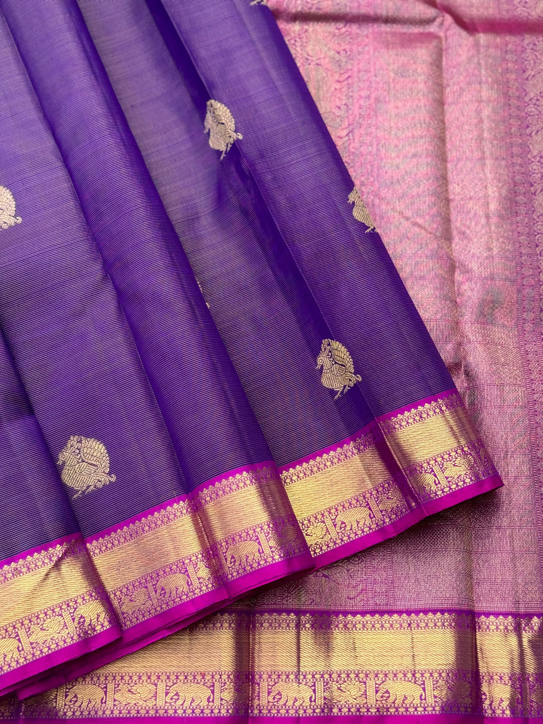 Purple pink shot vairaoosi kanchivaram silk saree with annam motifs