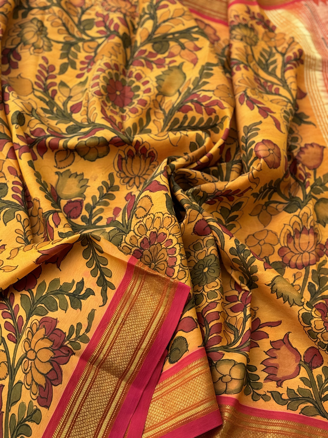 Complete Hand Drawn And Hand Painted Penkalamkari In haldi yellow Paithani Silk Saree with Narali border