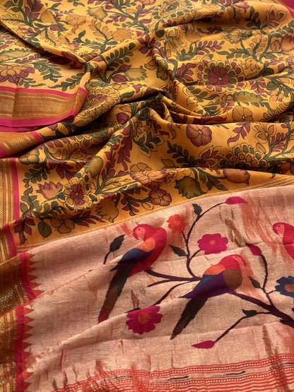 Complete Hand Drawn And Hand Painted Penkalamkari In haldi yellow Paithani Silk Saree with Narali border