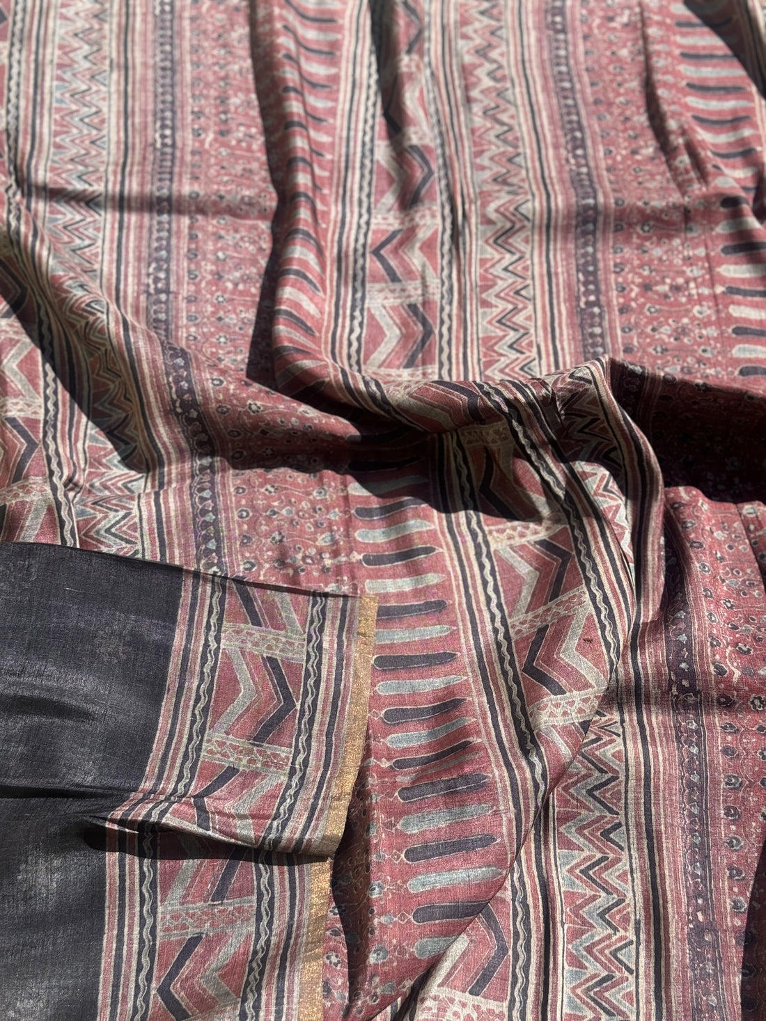 Linen Silk - Natural Dyed Ajrakh Double Resist Contemporary Block printed Linen Silk Saree