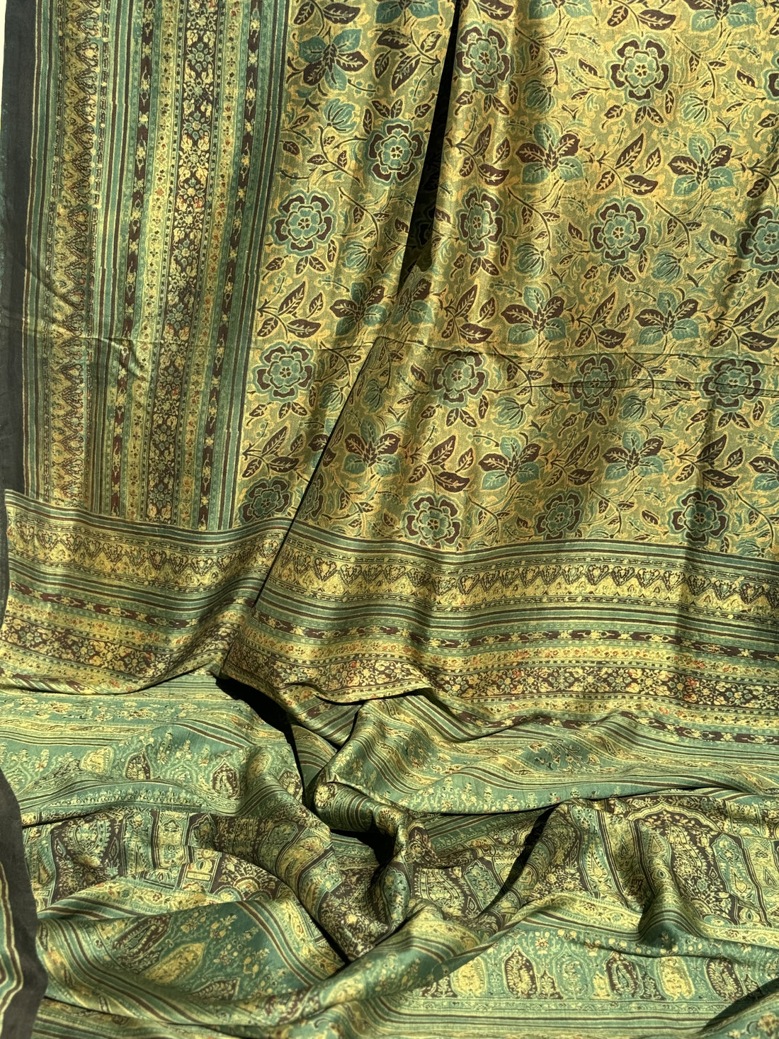Natural Dyed Ajrakh Double Resist floral Block printed mulberry Silk Saree