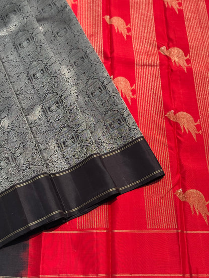 A stunner Masterpiece Garudaseva Adai kanchivaram woven silk saree in black and red