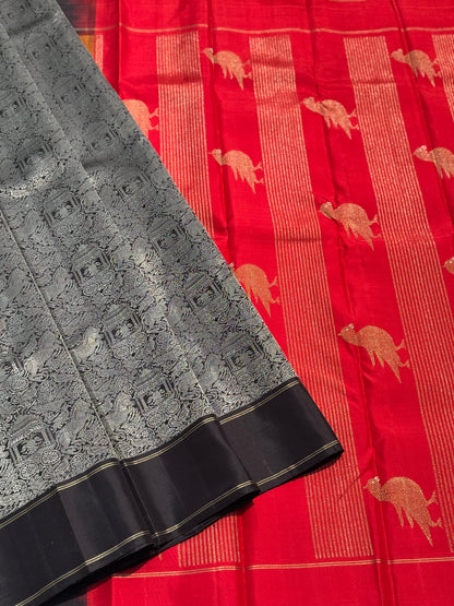 A stunner Masterpiece Garudaseva Adai kanchivaram woven silk saree in black and red