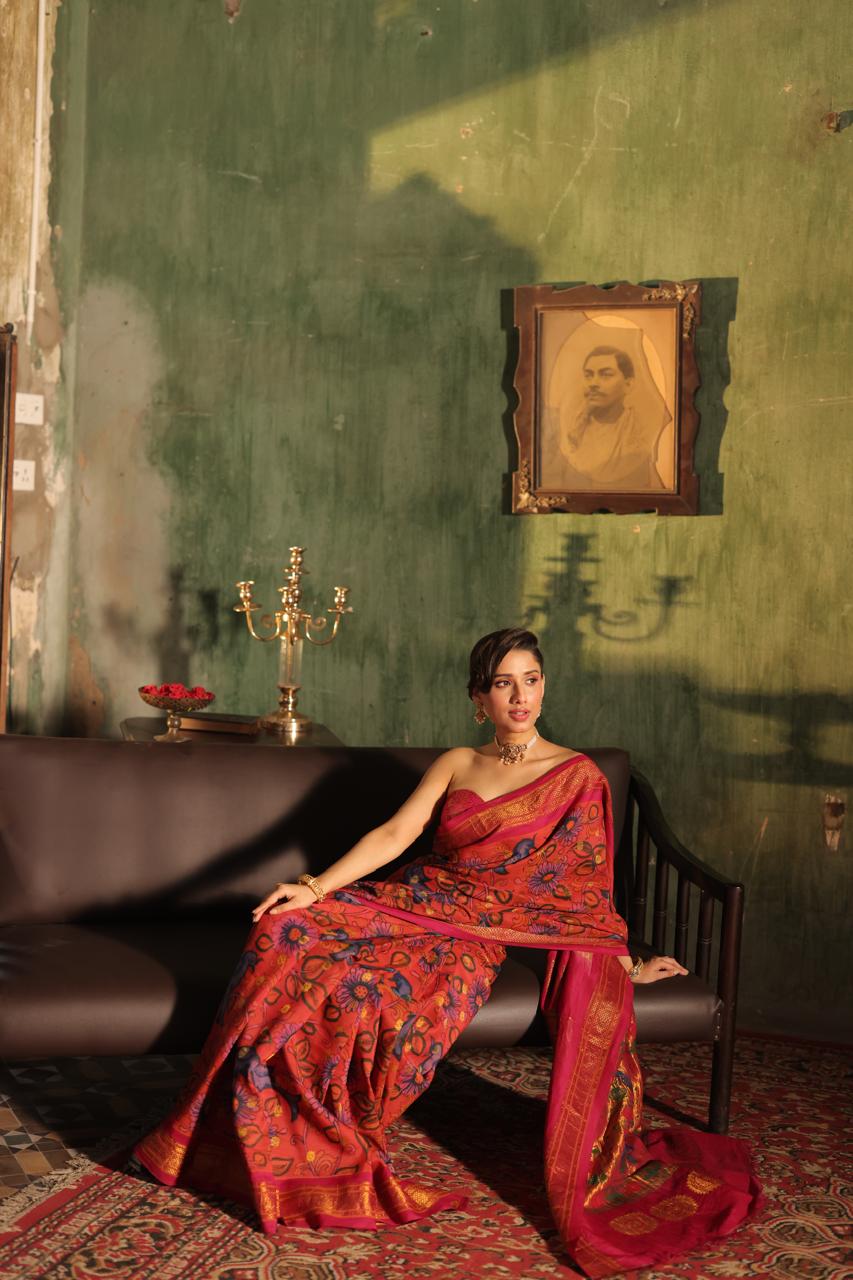 Complete HandDrawn And HandPainted Penkalamkari Maharani paithani silk saree