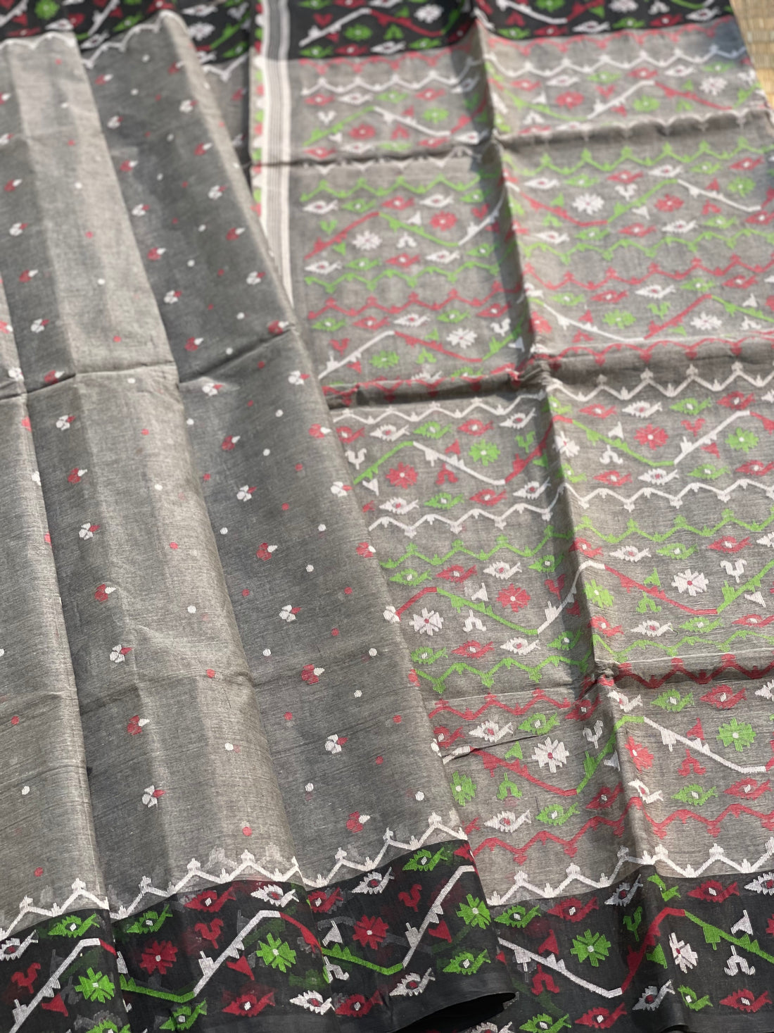 Grey with black Cotton Dhaka with needlework Jamdani weave