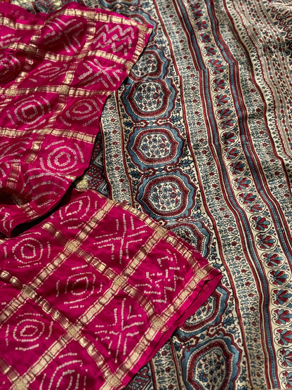 Gharchola handknotted Bhandej on pure gajji silk with handblock printed Ajrakh