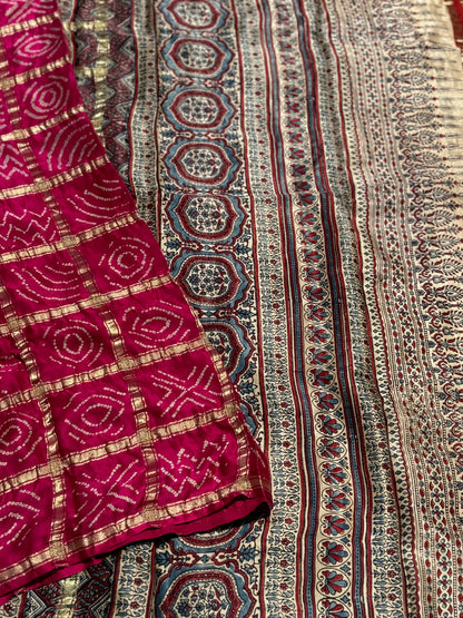 Gharchola handknotted Bhandej on pure gajji silk with handblock printed Ajrakh