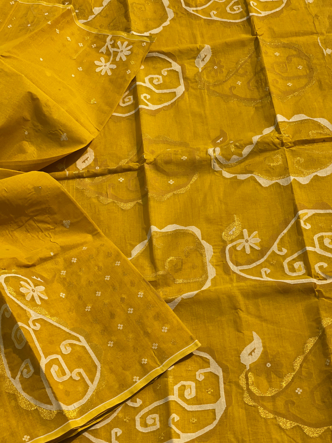 Dhaka Jamdani Cotton saree in mustard with off-white