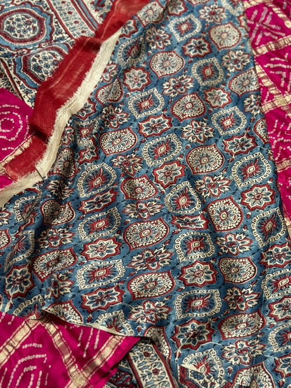 Gharchola handknotted Bhandej on pure gajji silk with handblock printed Ajrakh