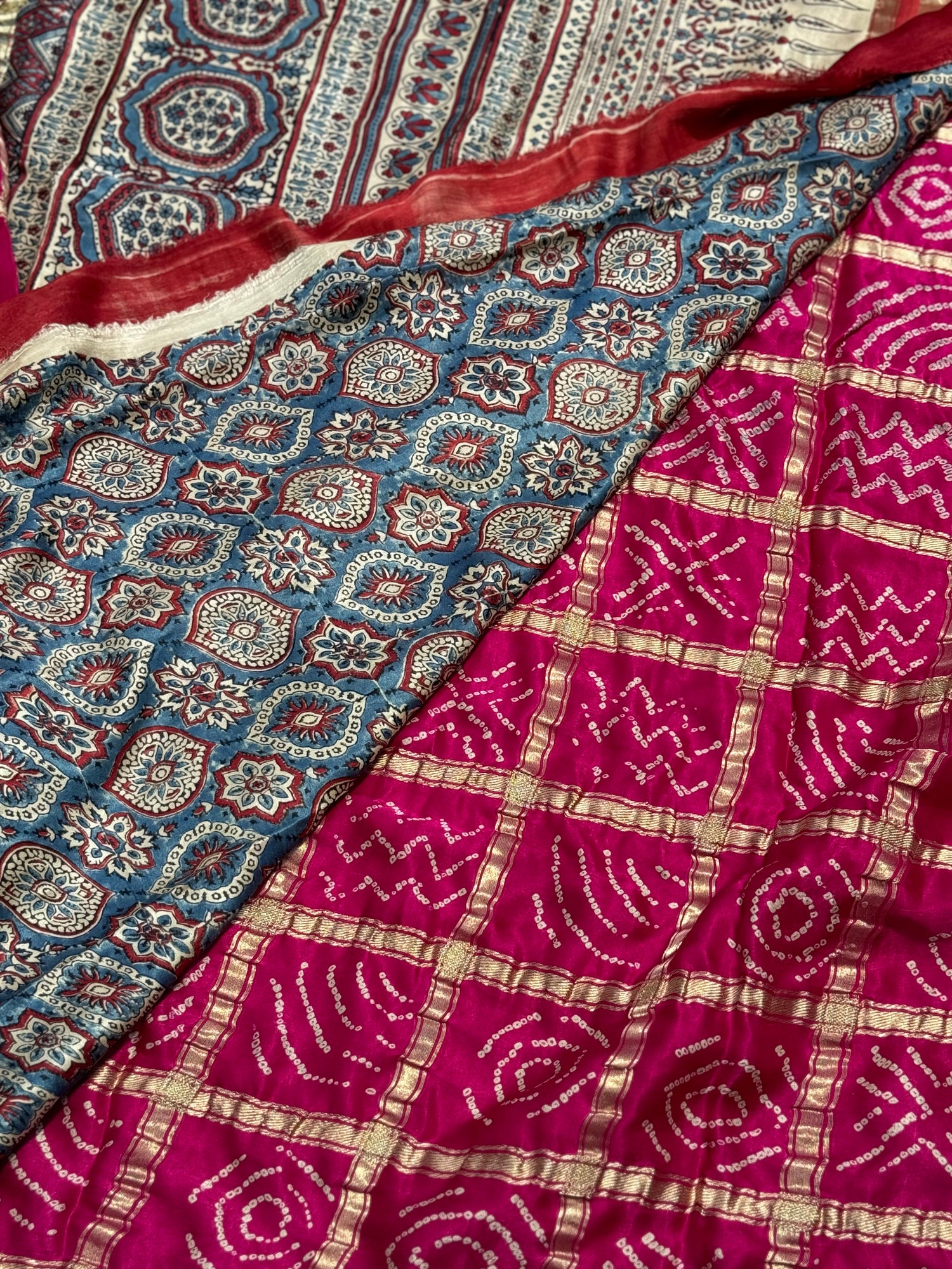 Gharchola handknotted Bhandej on pure gajji silk with handblock printed Ajrakh